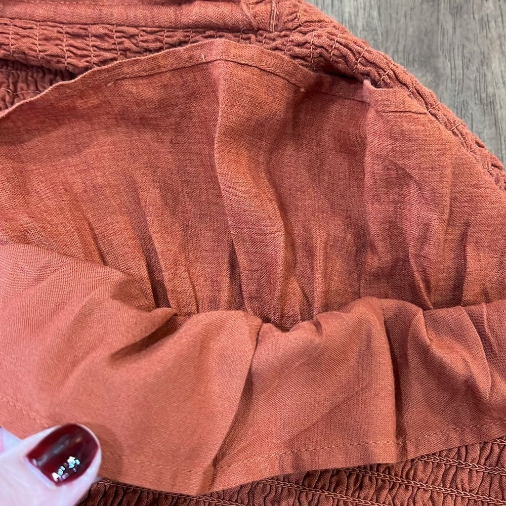 Abercrombie & Fitch Smocked Mini Dress Rust Burnt Orange Open Back Tie Ruffle XS - Picture 10 of 10